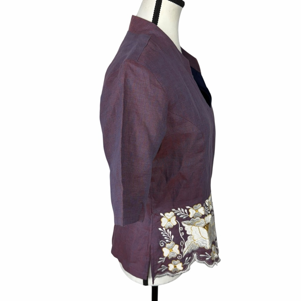 Vintage Inspired Embroidered Linen Blend Blouse Cottagecore Boho Dark Academia M - Picture 4 of 11